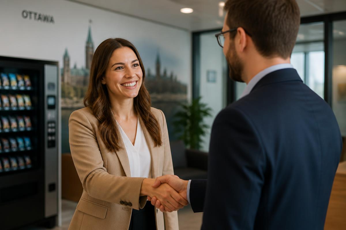Two business partners shaking hands in a modern office